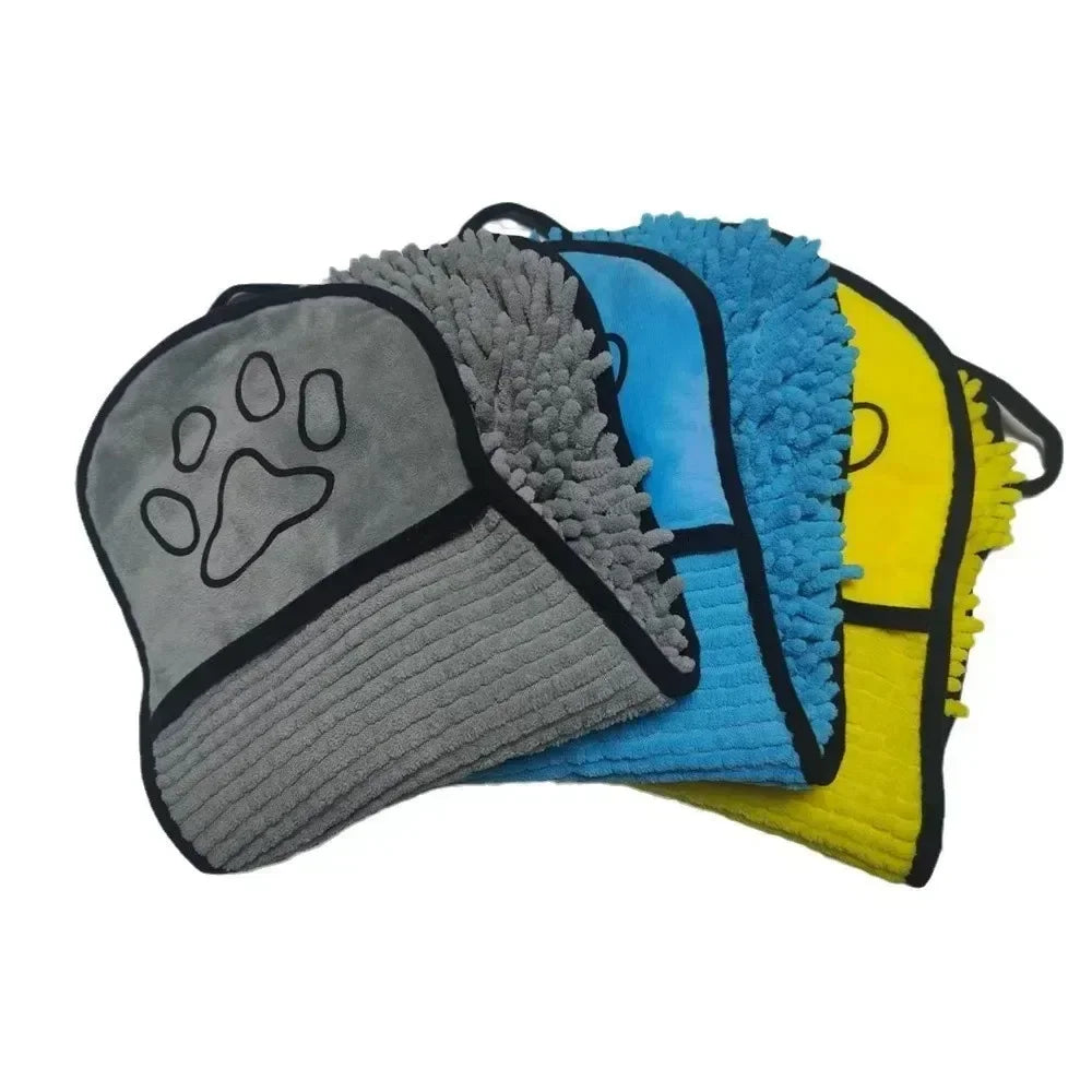 Double-Sided Hand Pocket Pet Bath Towel, Soft Chenille Fabric, Portable with Hanging Loop for Dogs & Cat