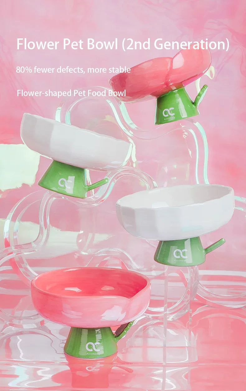 Daisy Elevated Ceramic Cat Bowl 2.0, Slanted Rim Raised Pet Dish, Glossy Glaze Food & Water Bowl for Indoor Cats