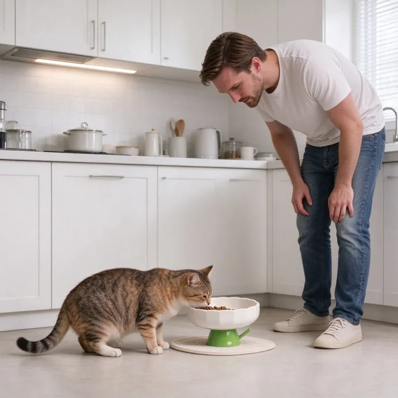 Daisy Elevated Ceramic Cat Bowl 2.0, Slanted Rim Raised Pet Dish, Glossy Glaze Food & Water Bowl for Indoor Cats