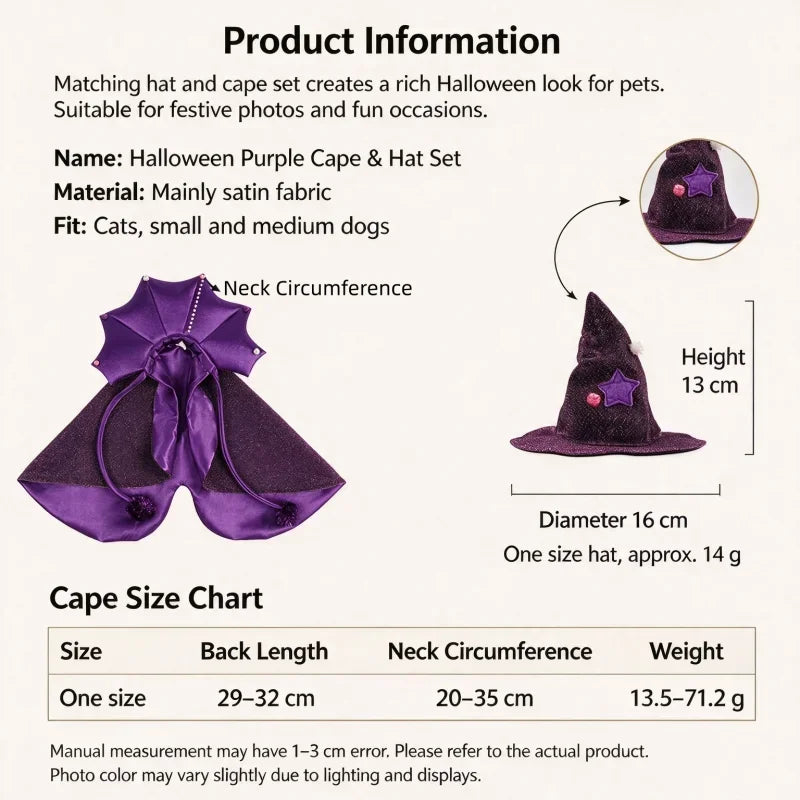 Halloween Cat & Dog Costume – Comfortable Witch Outfit with Cloak & Witch Hat, Pet Halloween Clothes for S/M Cats & Small Dogs