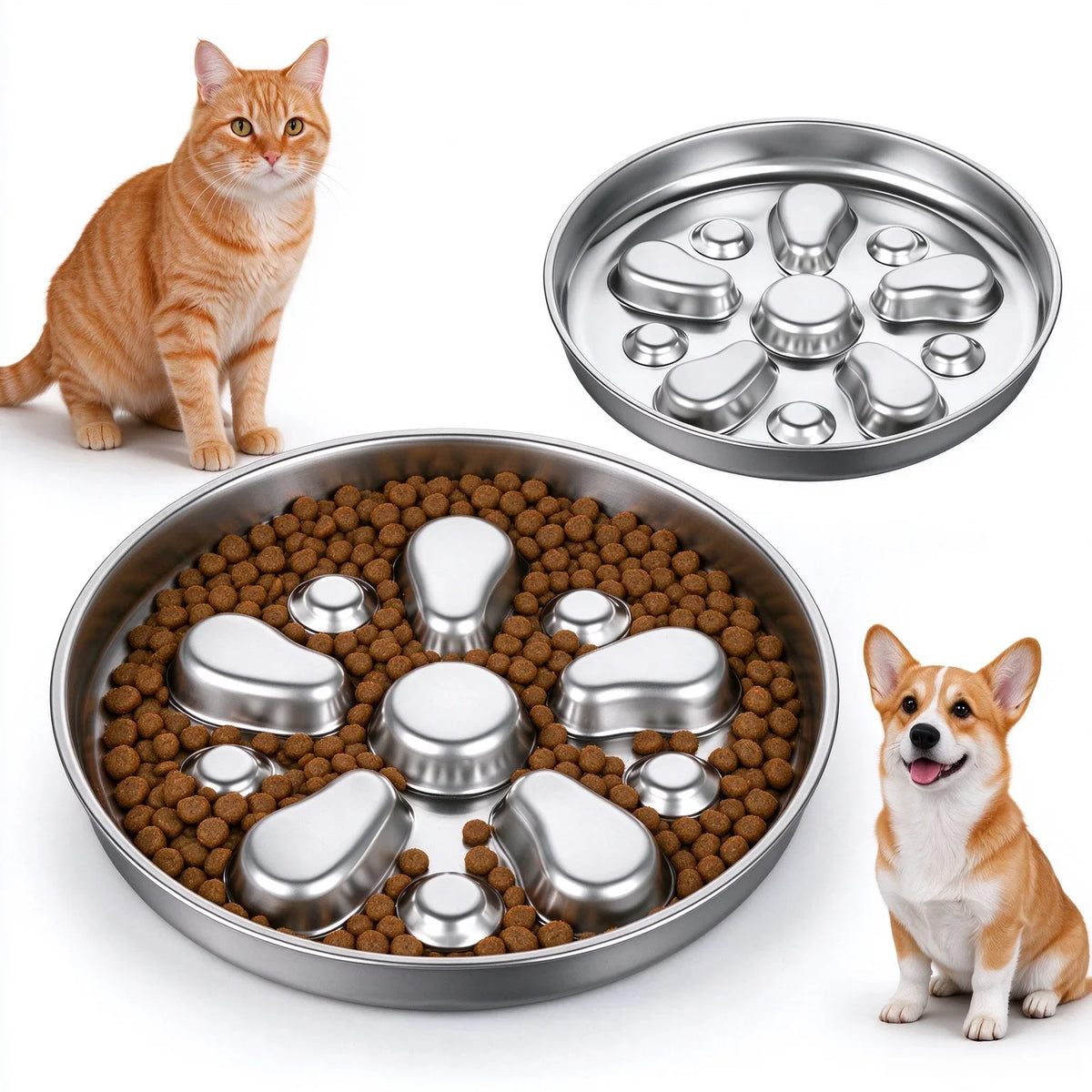 Large Stainless Steel Slow Feeder Dog Bowl, Flower-Shaped, Anti-Choking Non-Slip Pet Bowl, Wholesale