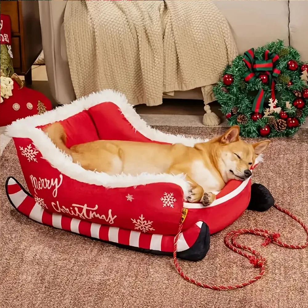Christmas Sleigh Bed  Removable Washable Plush Pet Warm Sofa with Non-Slip Base Christmas Cat Dog Nest for Winter Indoor Outdoor