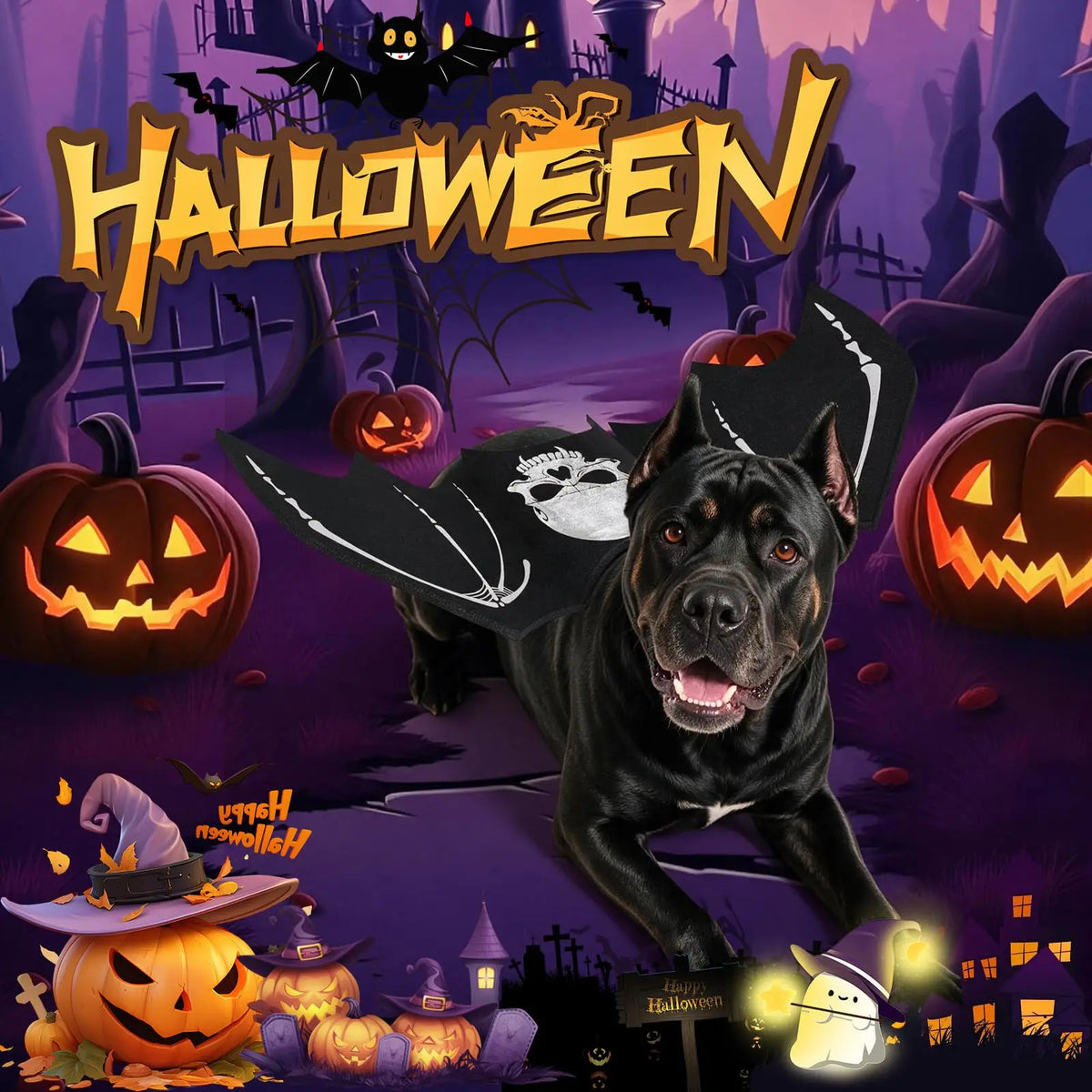 Halloween Dog bat Wing Costumes L，pet Costumes for Halloween Party Skeleton Print On The Back，Pumpkin Bell，Neck & Chest Adjustable nylon Straps，Lightweight Felt Comfort,for large dogs