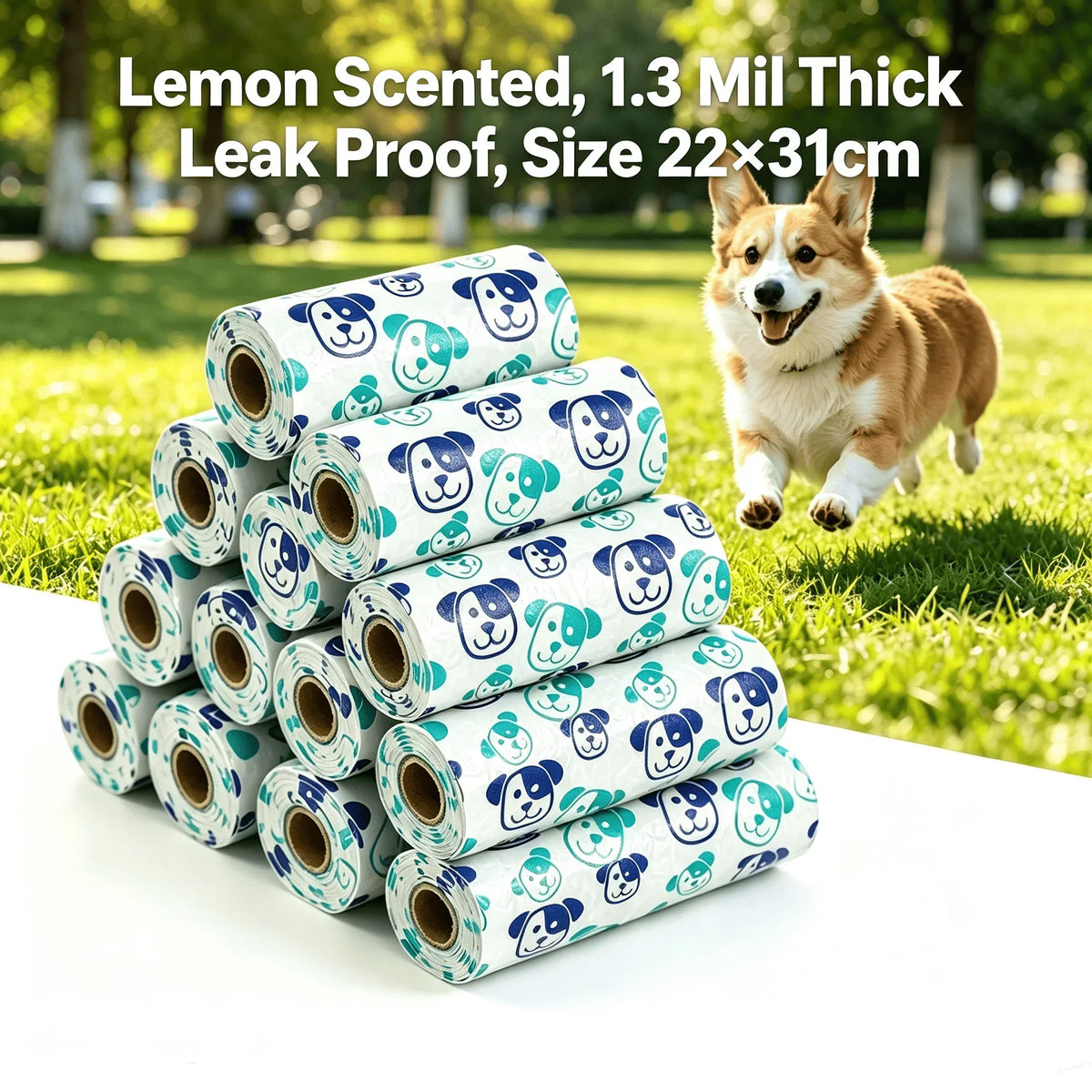 Fresh Lemon Scent Dog Poop Bags 1.25Mil Tear Resistant Waste Bags Cartoon Dog Print Disposable Pickup Bags for Outdoor Dog Walks