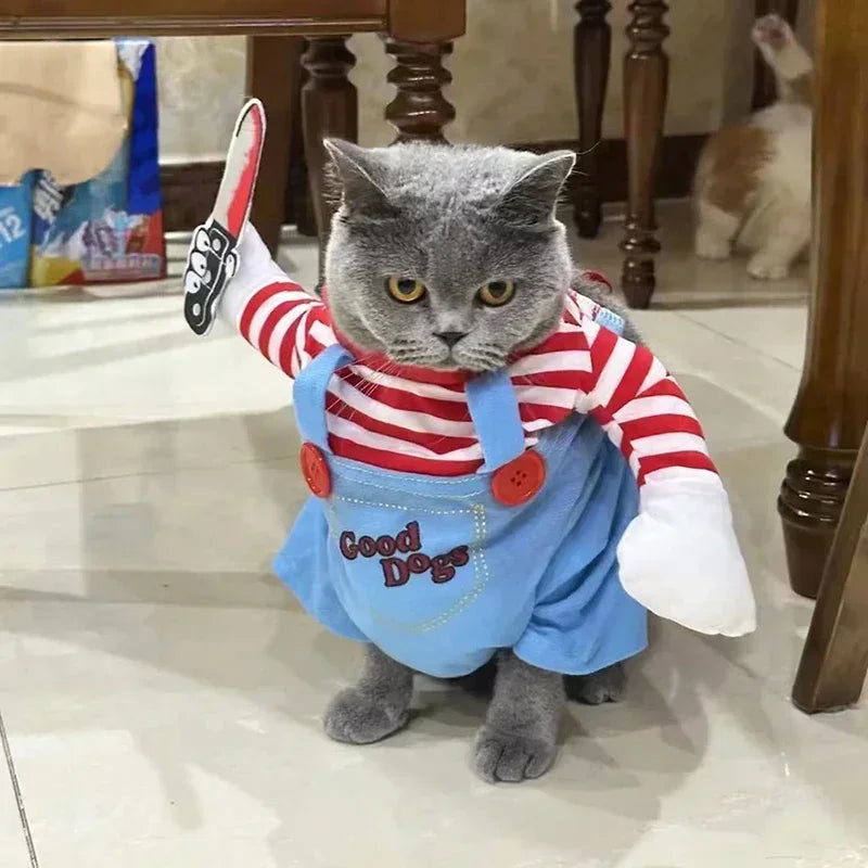 Halloween Doll Pet Chucky Costume -Funny 3D Upright Dog & Cat Outfit, Cosplay Party Clothes for ALL Puppy Kitten