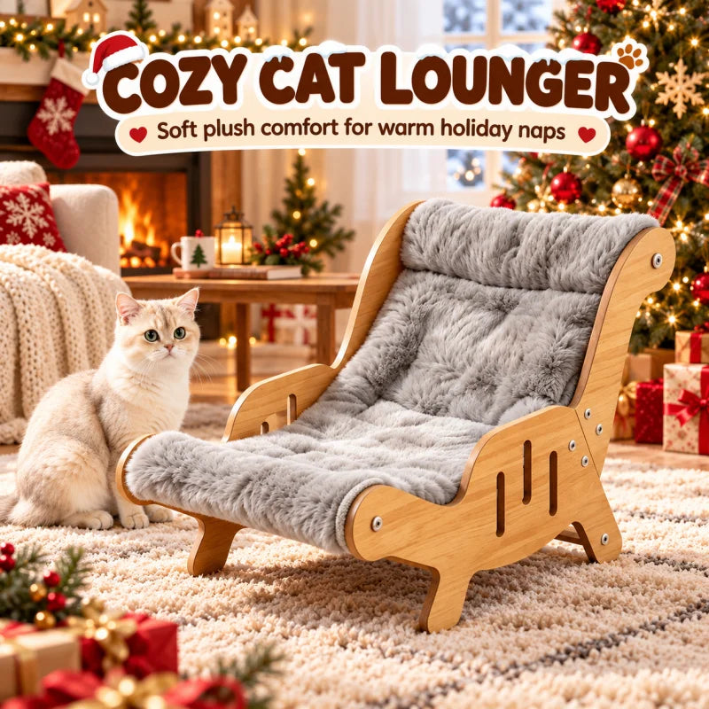 Christmas Warm Plush Cat Lounge Chair, Ergonomic Wooden Cat Bed, Cozy Elevated Indoor Pet Sofa Furniture