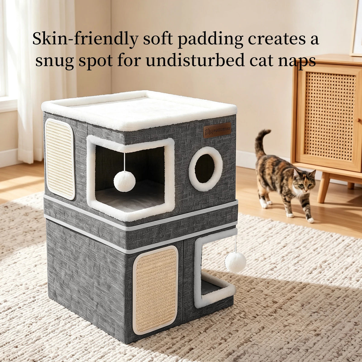 Christmas Pet Gift - Double-Layer Multi-Hole Cat House, Multi-Functional Foldable Cat Cave Hiding Place, Equipped With Sisal Scratching Post And Double Hanging Ball Toys, Double Compartments Pet Shelter, Suitable For Kittens