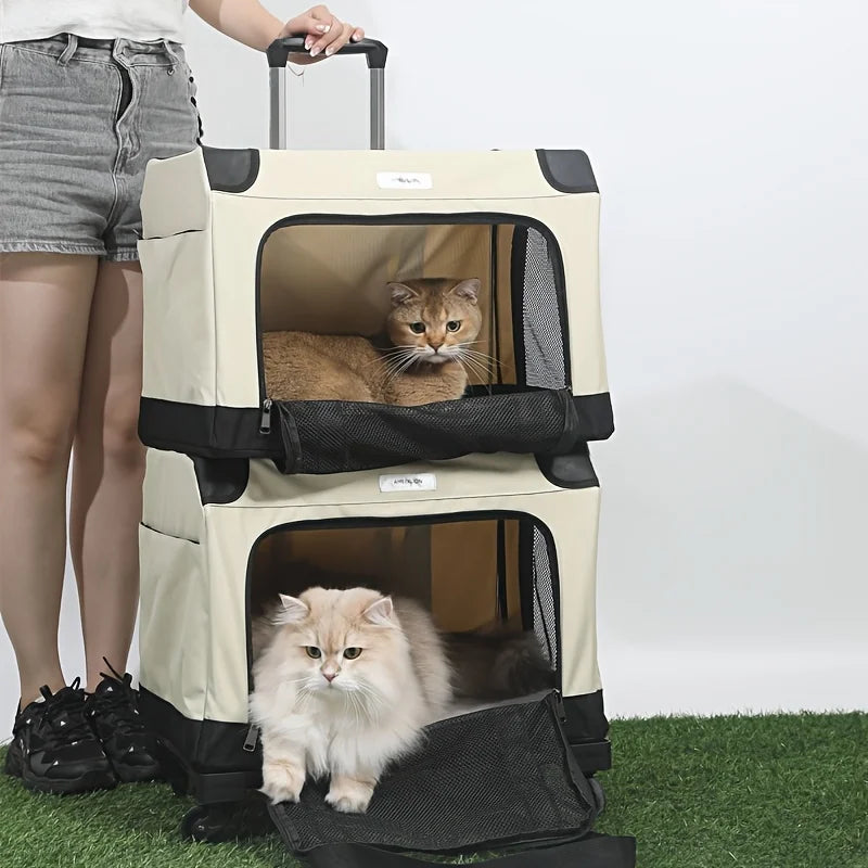 Portable Large Capacity Multi-Pet Travel Trolley Double Layer Cat Carrier Travel Bag Comfortable and Breathable for Camping