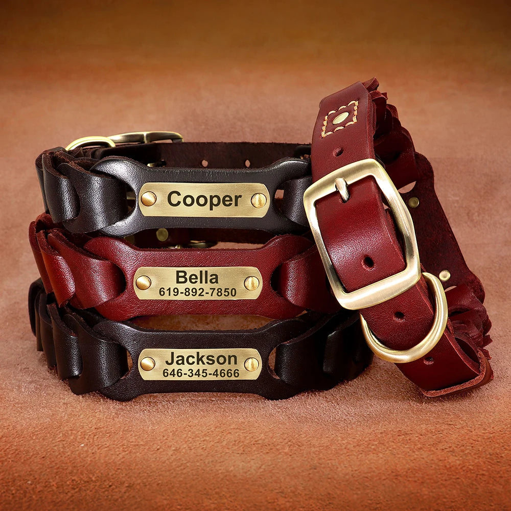 Genuine Leather Dog Collar Custom Leather Medium Large Dog Collars Personalized Pet ID Collars for Dogs Pitbull Engrave Name