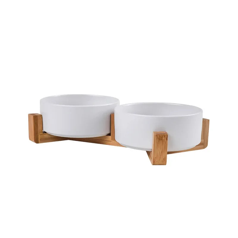 Ceramic Double Pet Bowl with Wood Stand - No Spill Food & Water Feeder for Dogs, Cats, Small & Large Pets