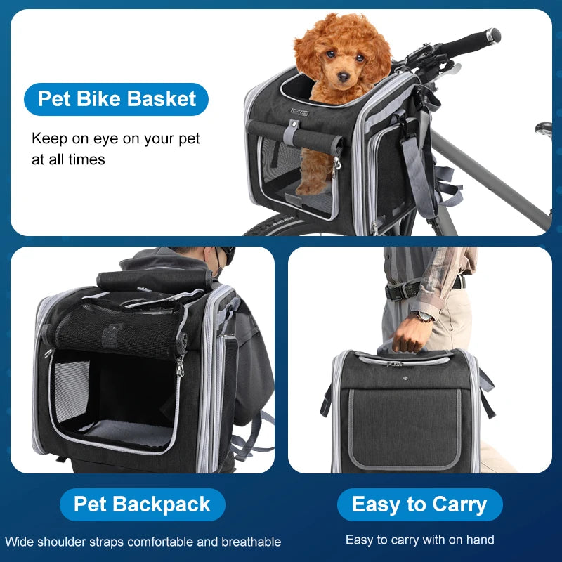 Dog or Cat Bike Basket, Expandable Soft Sided Pet Carrier Backpack with 4 Open Doors, Foldable Dog Bike Carrier