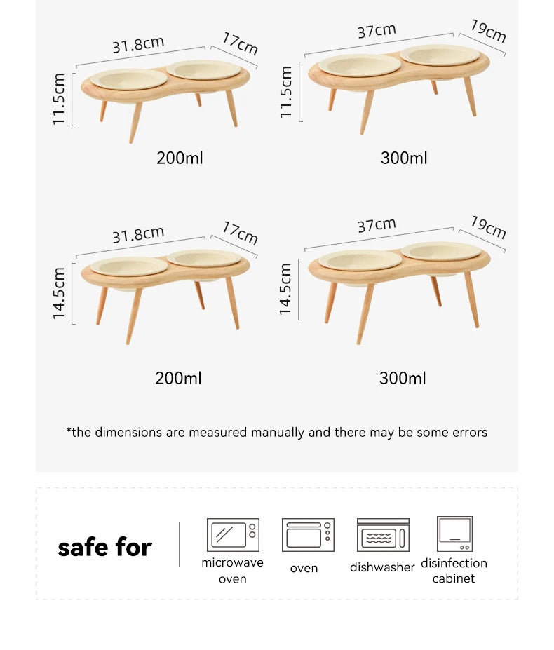 Cat Ceramic Bowl Small Dogs Double Food Water Bowls Pet Elevated Height Adjustable Drinking Eating Bowls with Wooden Stand