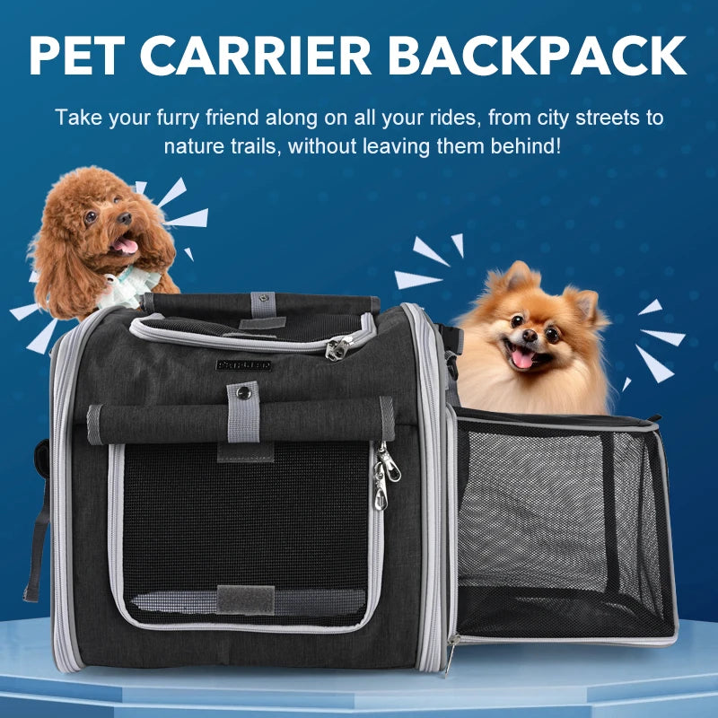 Dog or Cat Bike Basket, Expandable Soft Sided Pet Carrier Backpack with 4 Open Doors, Foldable Dog Bike Carrier