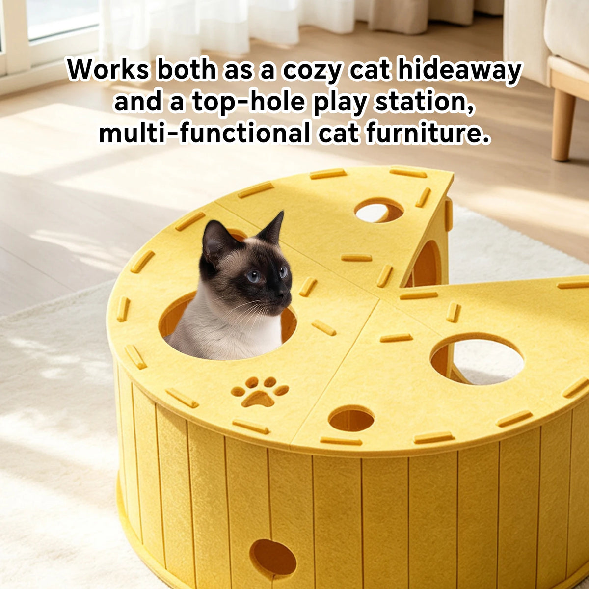Felt Cat Tunnel Bed, An Interactive Cheese Hideout Toy For Indoor Cats, With A Perforated Hide-And-Seek Tube And A Cat Cave With A Hole. A Pet Christmas Gift. Easy To Install And Easy To Clean.