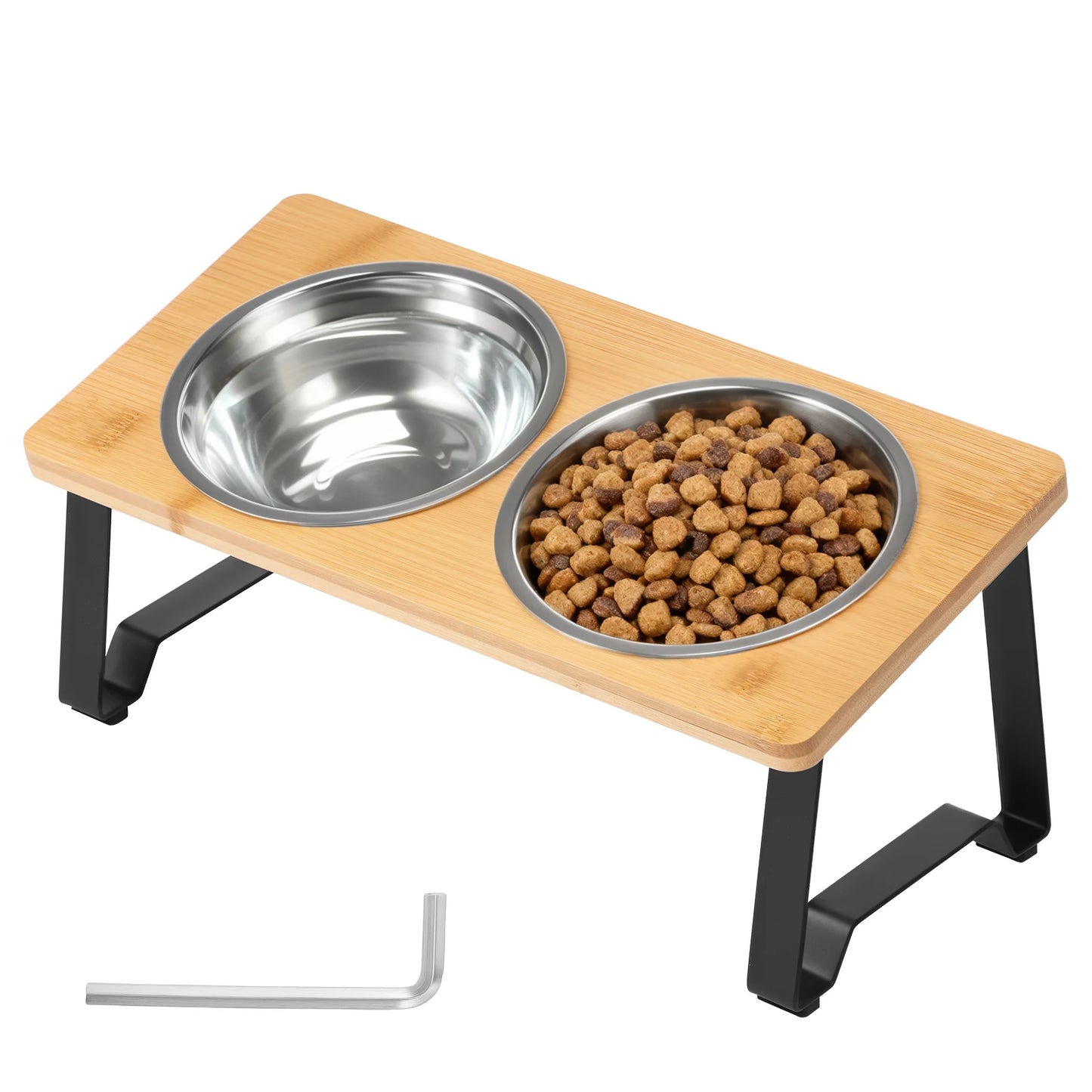 Wooden Elevated Cat Dog feeder Bowl Stand with 2 Stainless Steel Feeder bowl for Dry Wet Food Water Anti Slip Pet Supplies