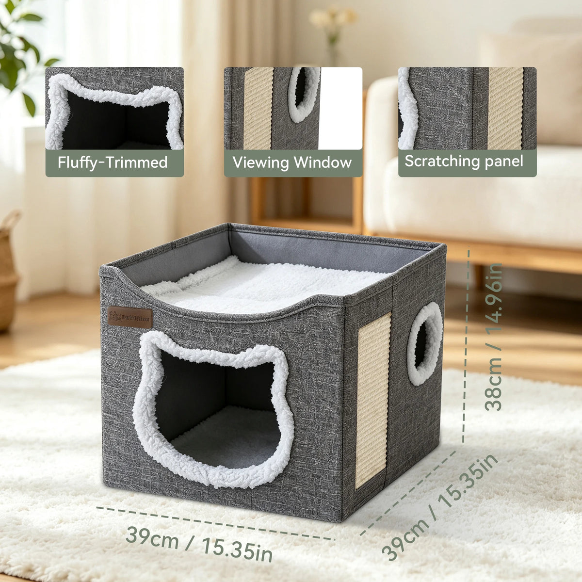 A Three-In-One Foldable Cat Bed And Scratching Post, With A Cat Face-Shaped Design Featuring Soft Fringes And A Door Opening. The Cat Den Bed With Wear-Resistant Rattan Scratching Board. A Spacious Top Lounge Platform For The