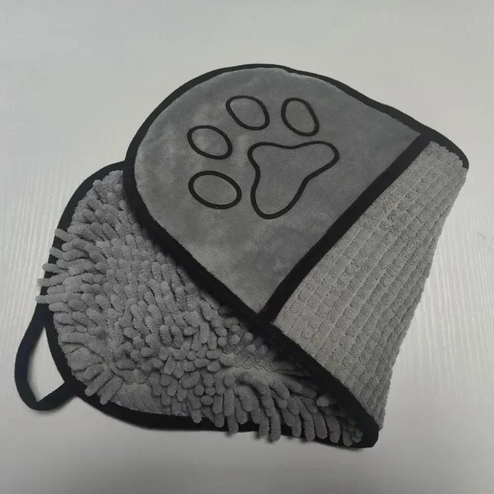 Double-Sided Hand Pocket Pet Bath Towel, Soft Chenille Fabric, Portable with Hanging Loop for Dogs & Cat