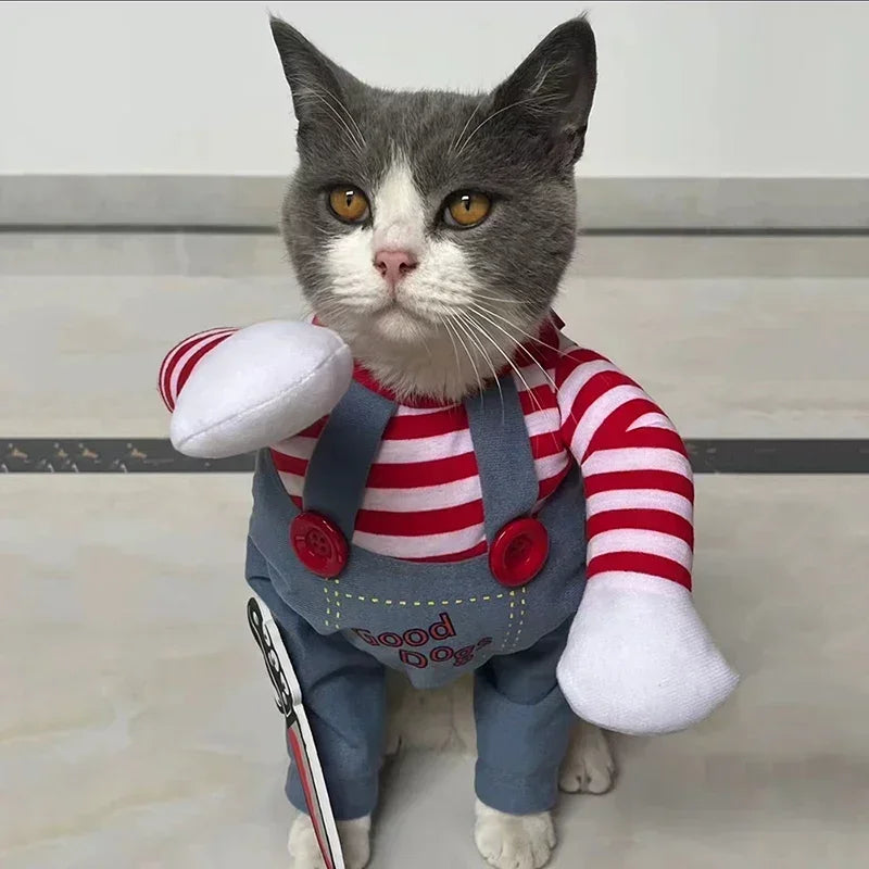 Halloween Doll Pet Chucky Costume -Funny 3D Upright Dog & Cat Outfit, Cosplay Party Clothes for ALL Puppy Kitten