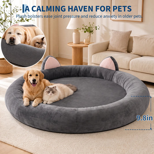 Round Dog Bed XXL Extra Large 9.8" Thick Pet Couch Memory Foam Pet Couch for Large & Senior Dogs Supportive Bolster Design Brown Grey