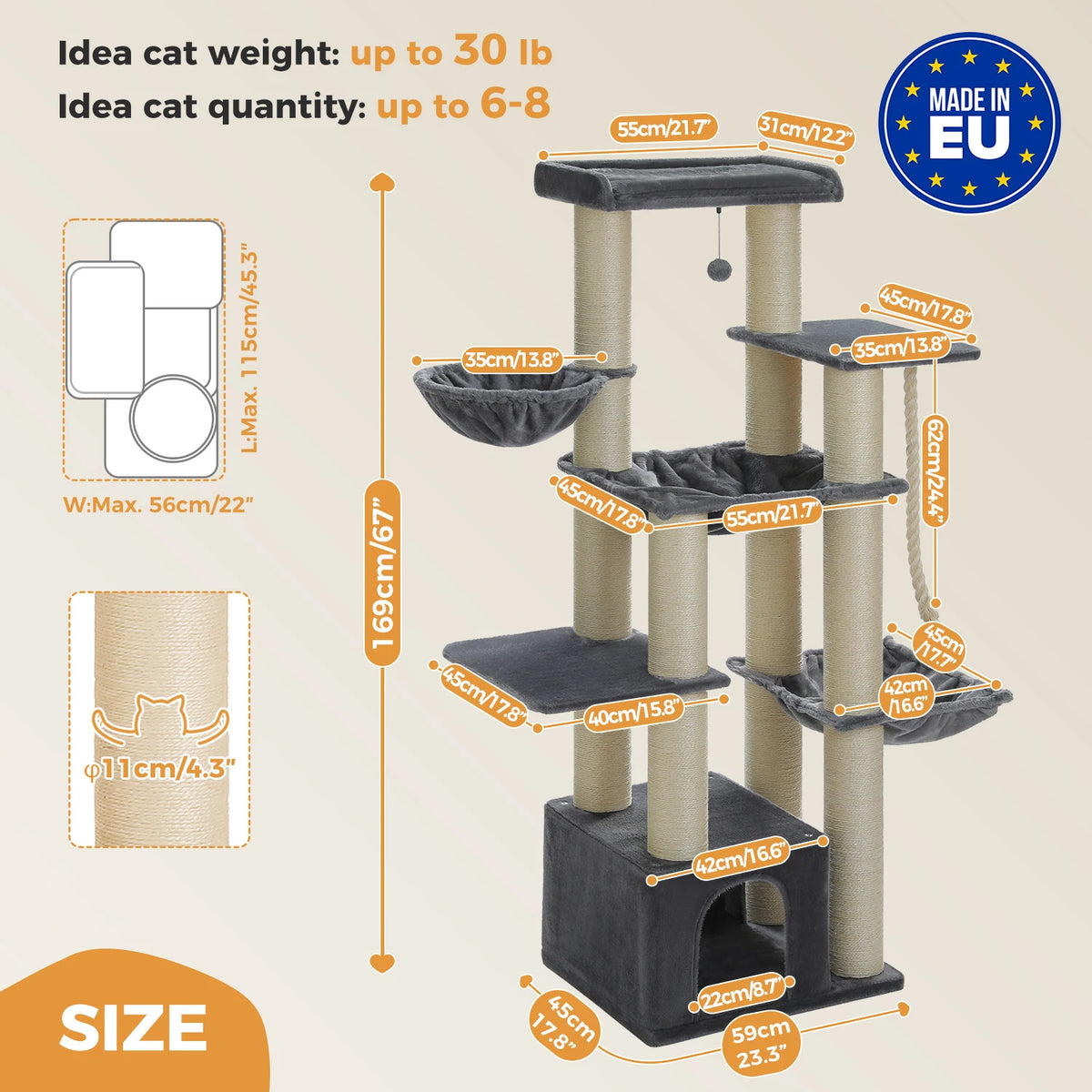 Large Cat Tree for Big Cats Robust Cat Tower with Several Levels Cat House Climbing Tree with Hammock 11 Sisal Posts Large Perch
