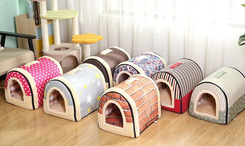 Foldable Dog Bed Pet House Kennel Soft Tent Indoor Enclosed Warm Plush Sleeping Nest Basket with Removable Cushion for Cats Dogs