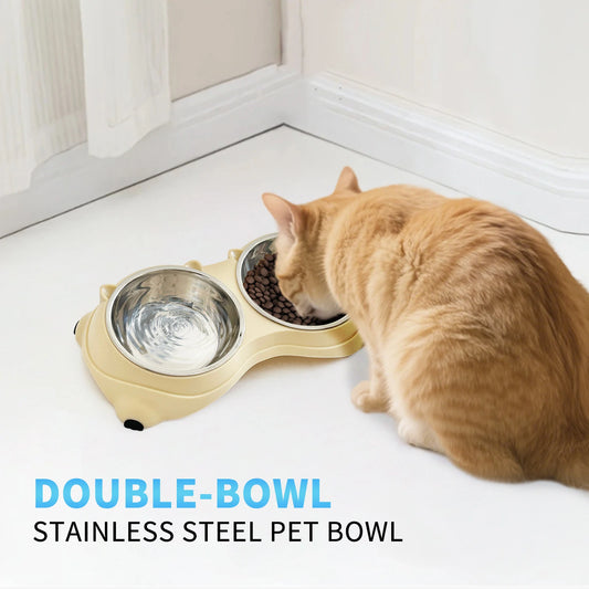 Simple And Cute Macaron Pure Color Stainless Steel Pet Double Bowl For Cats Dogs Feeding And Drinking Bowl Feeder