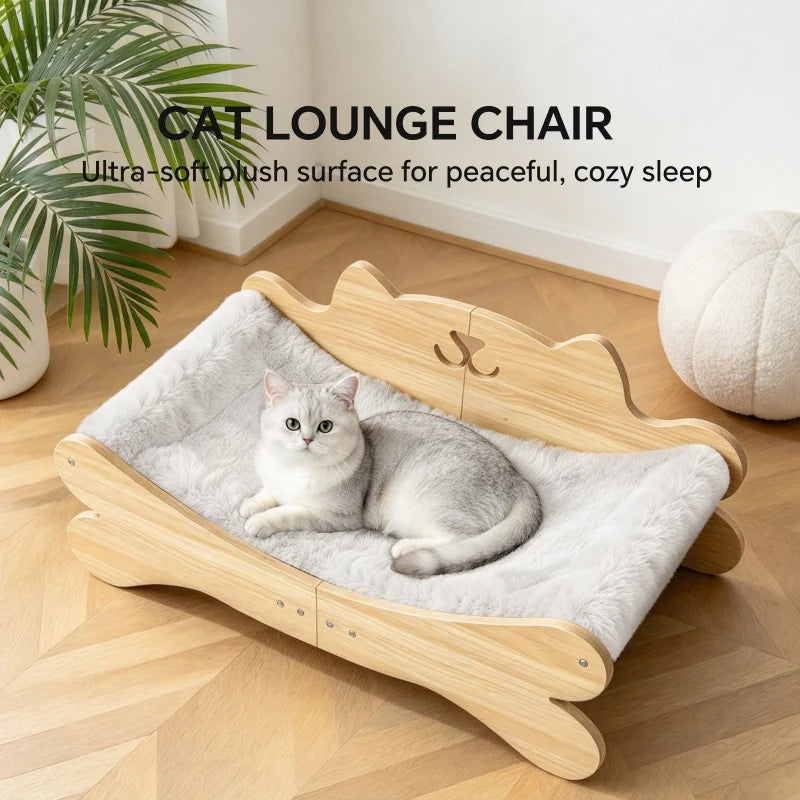 Coral Fleece Wooden Cat Bed, Elevated Anti-Slip Cat Lounge Chair, Modern Curved Pet Sofa for Indoor Kittens