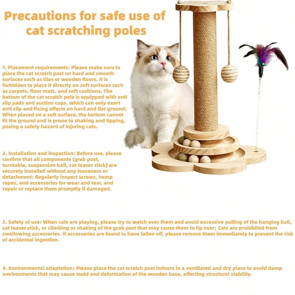 4-in-1 Wooden Cat Scratcher with Ball Track & Feather Toy Self-Play Kitten Activity Center Anti-Boredom Indoor Pet Supplies , Suitable For Indoor Kittens