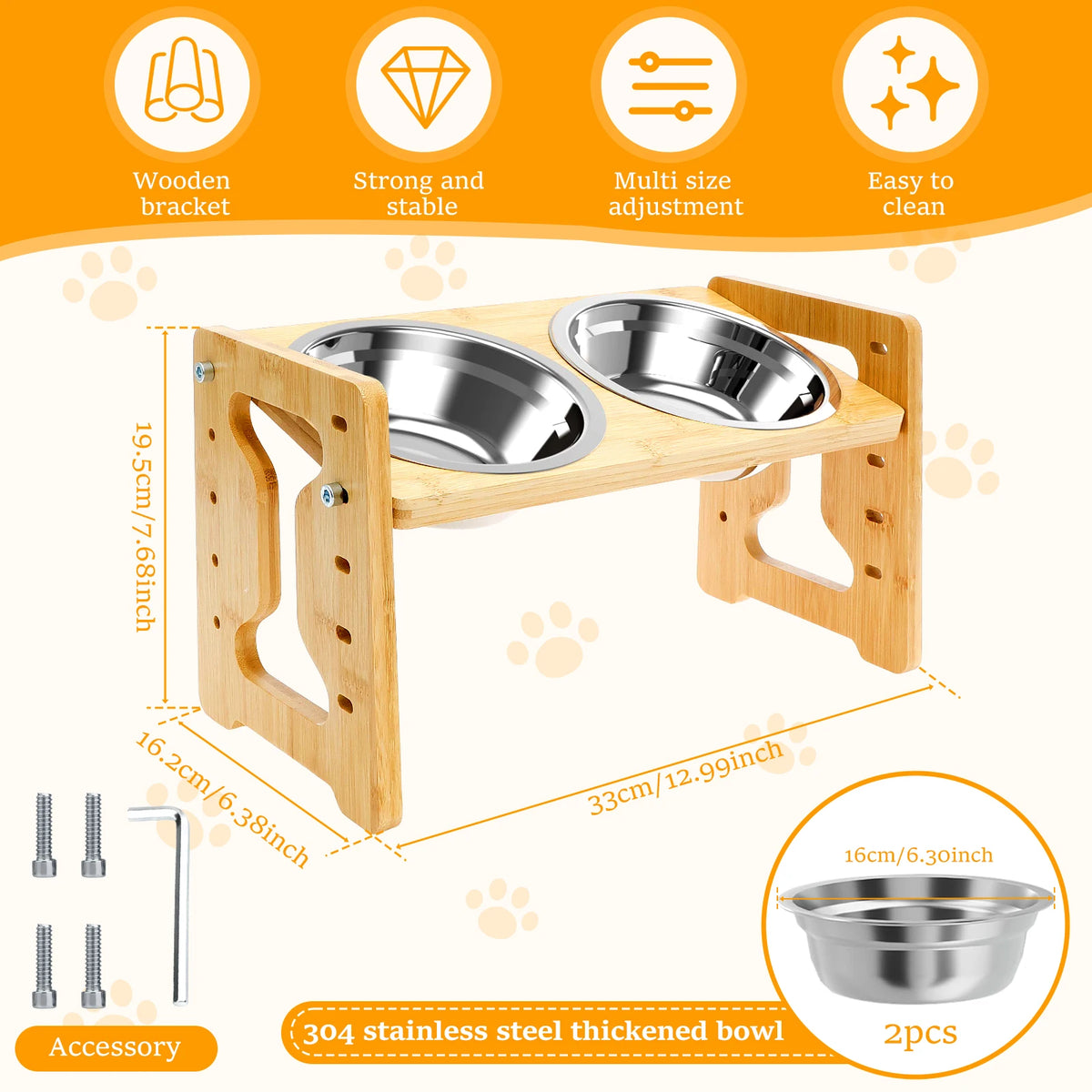 Wooden Elevated Cat Dog feeder Bowl Stand with 2 Stainless Steel Feeder bowl for Dry Wet Food Water Anti Slip Pet Supplies