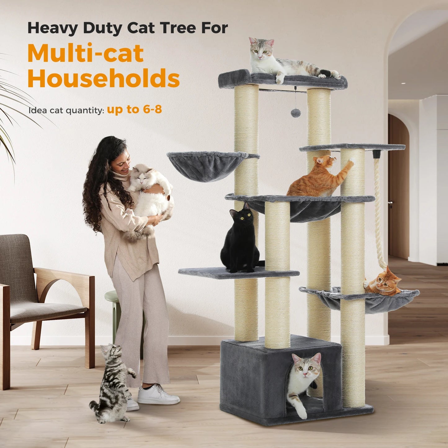 Large Cat Tree for Big Cats Robust Cat Tower with Several Levels Cat House Climbing Tree with Hammock 11 Sisal Posts Large Perch