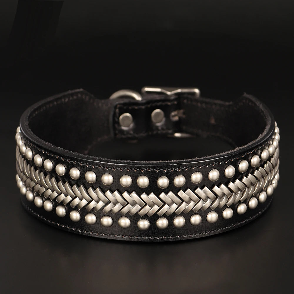 2inch Wide Luxury Genuine Leather Dog Collar Durable Metal Rivet Collars Cool Collars for Medium lagre Dogs German Shepherd