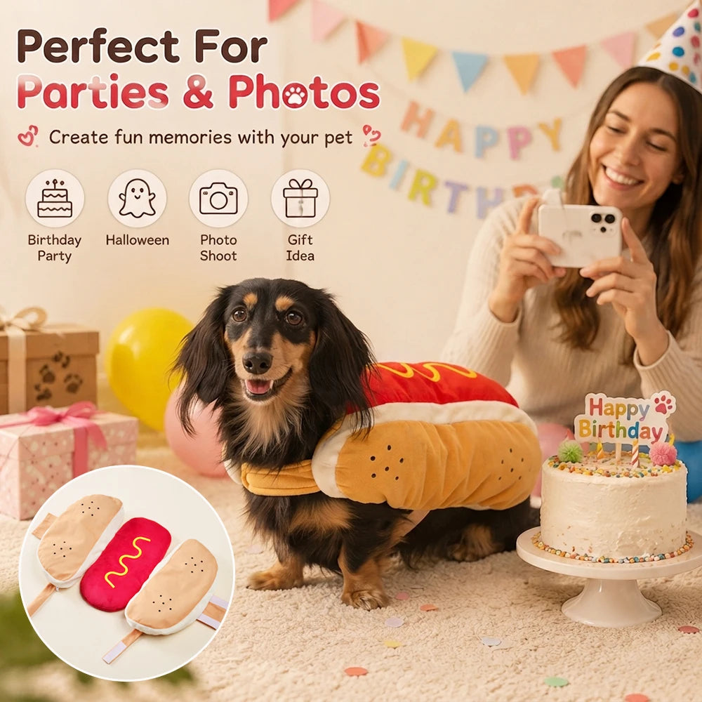 Funny Pet Hot Dog Costume Cute Puppy Clothes Cosplay Outfit for Birthday Party Halloween Christmas Photo Shoot Holiday Dress Up