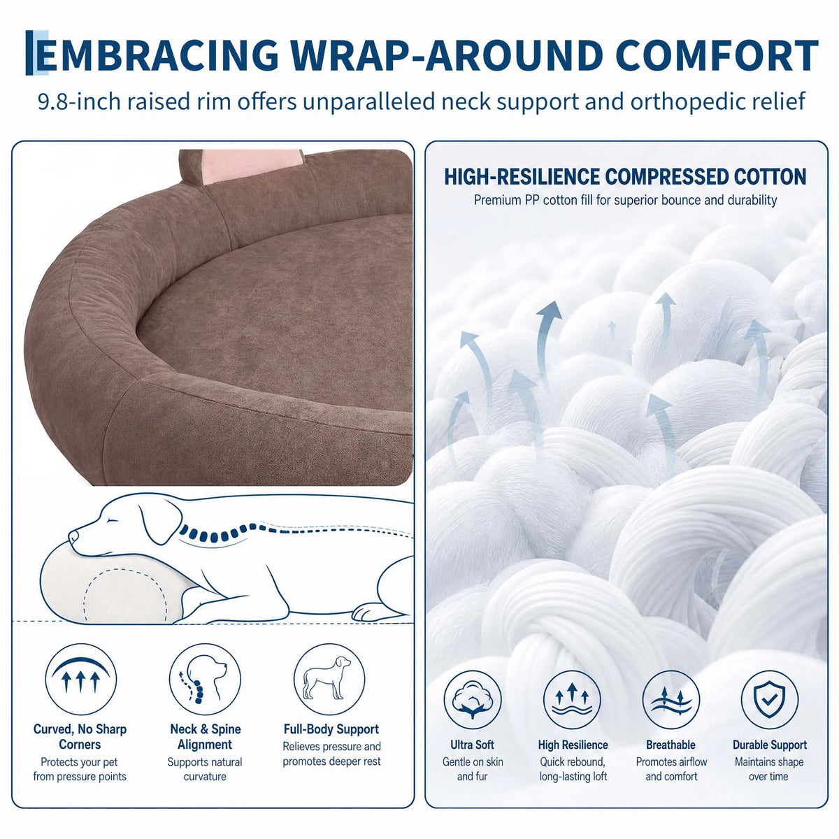 Round Dog Bed XXL Extra Large 9.8" Thick Pet Couch Memory Foam Pet Couch for Large & Senior Dogs Supportive Bolster Design Brown Grey