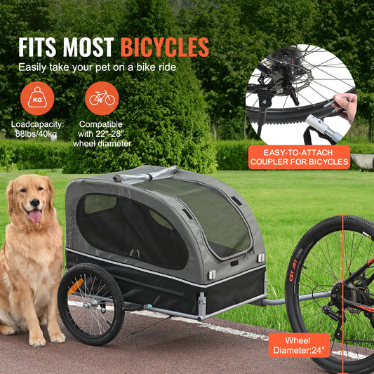 88 lbs Dog Bike Trailer Pet Cart Bicycle Carrier with Wheels Coupler Reflectors Flag Collapsible to Store for Dogs