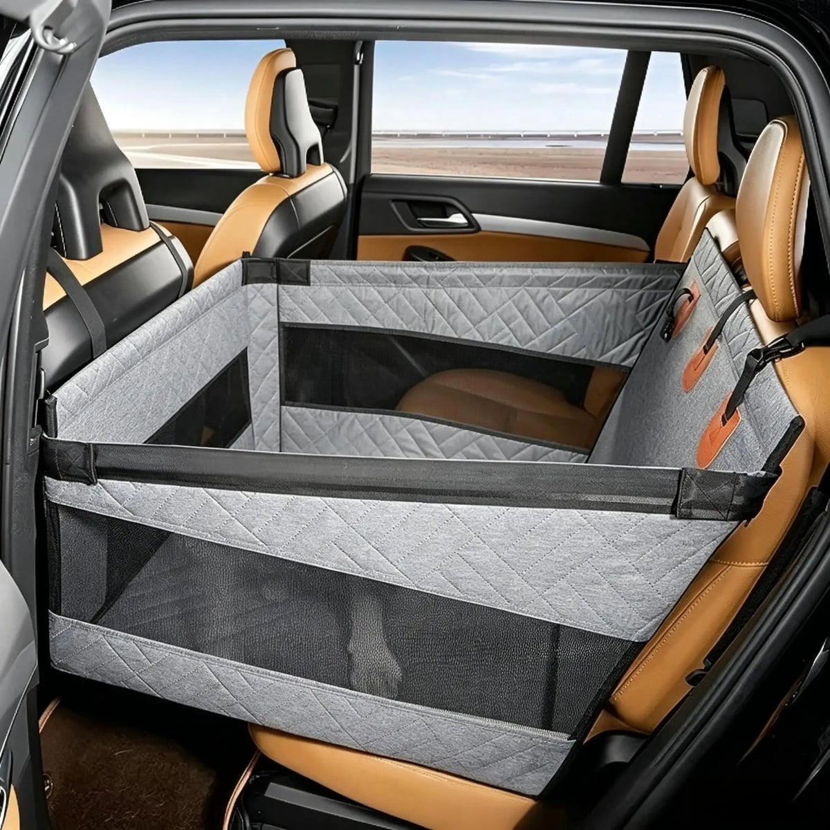 Car Pet Seat Cover Waterproof Hard-Bottom Rear Seat Dog Mat with Mesh Design Car Hammock Pet Bed for Dogs Cats Travel Accessory