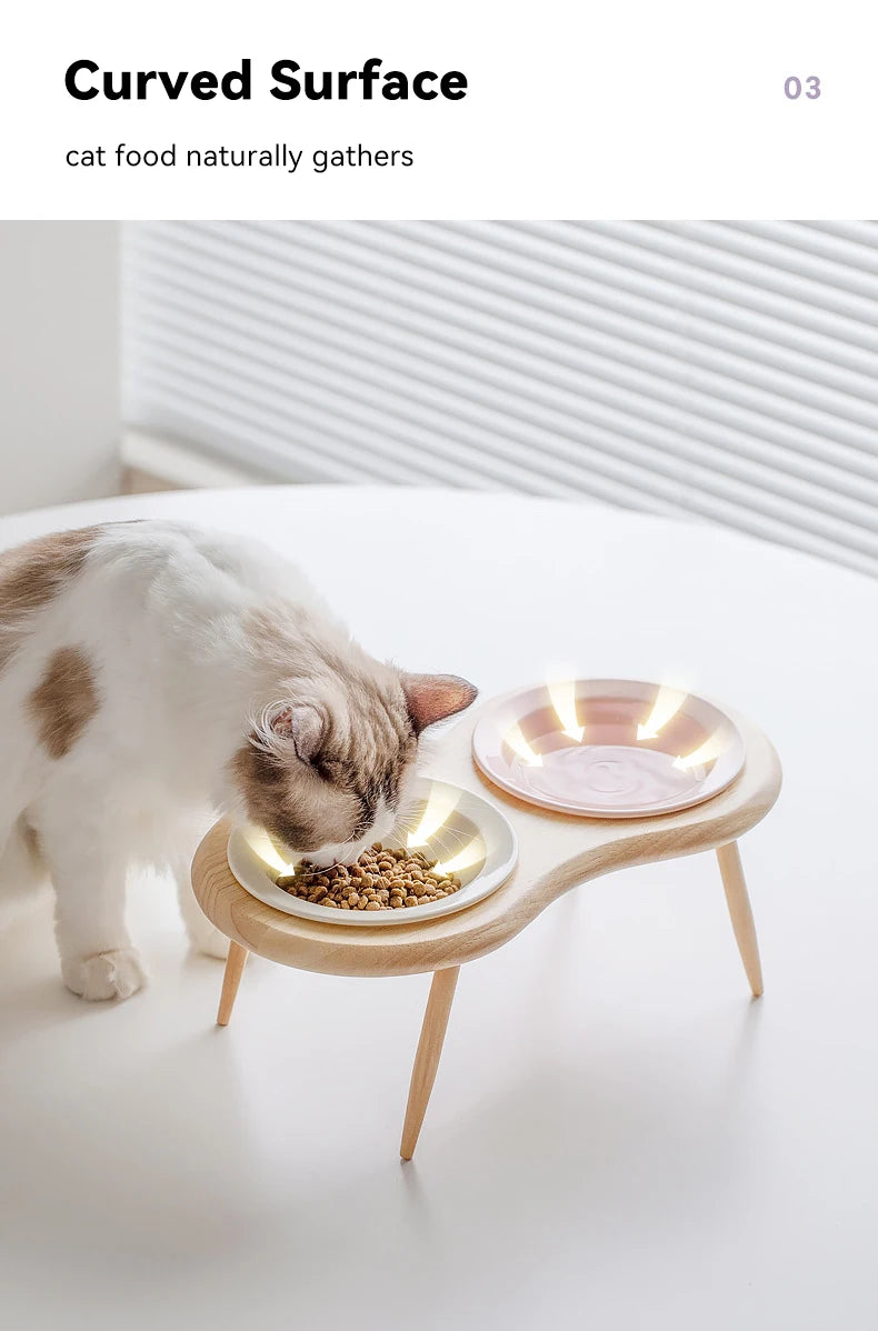 Cat Ceramic Bowl Small Dogs Double Food Water Bowls Pet Elevated Height Adjustable Drinking Eating Bowls with Wooden Stand