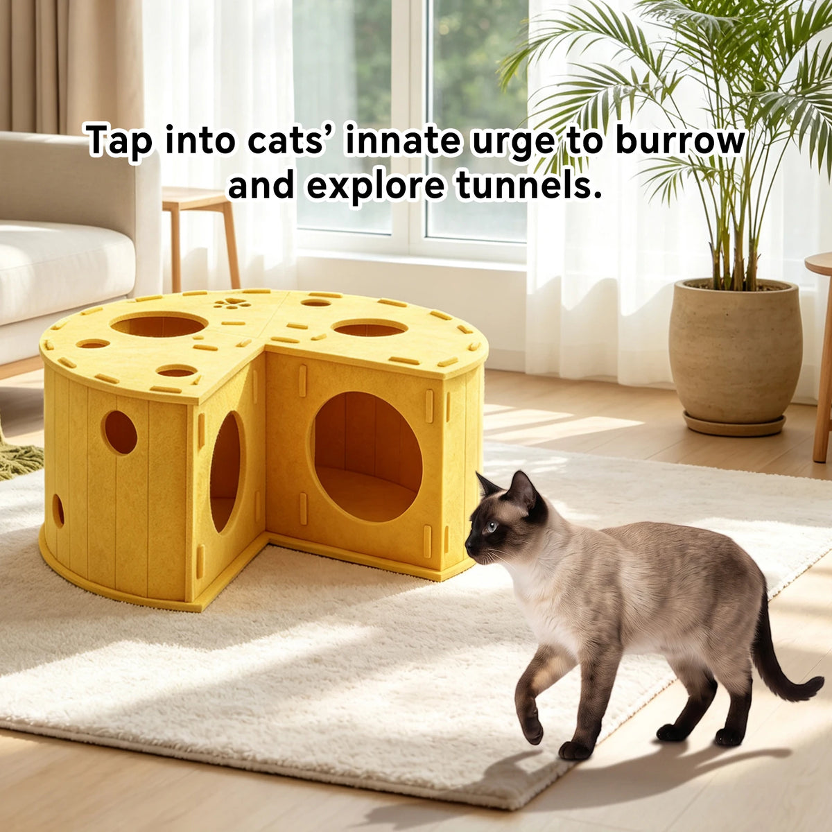 Felt Cat Tunnel Bed, An Interactive Cheese Hideout Toy For Indoor Cats, With A Perforated Hide-And-Seek Tube And A Cat Cave With A Hole. A Pet Christmas Gift. Easy To Install And Easy To Clean.