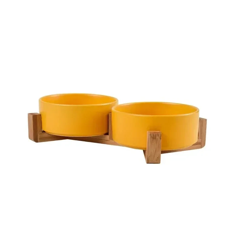 Ceramic Double Pet Bowl with Wood Stand - No Spill Food & Water Feeder for Dogs, Cats, Small & Large Pets