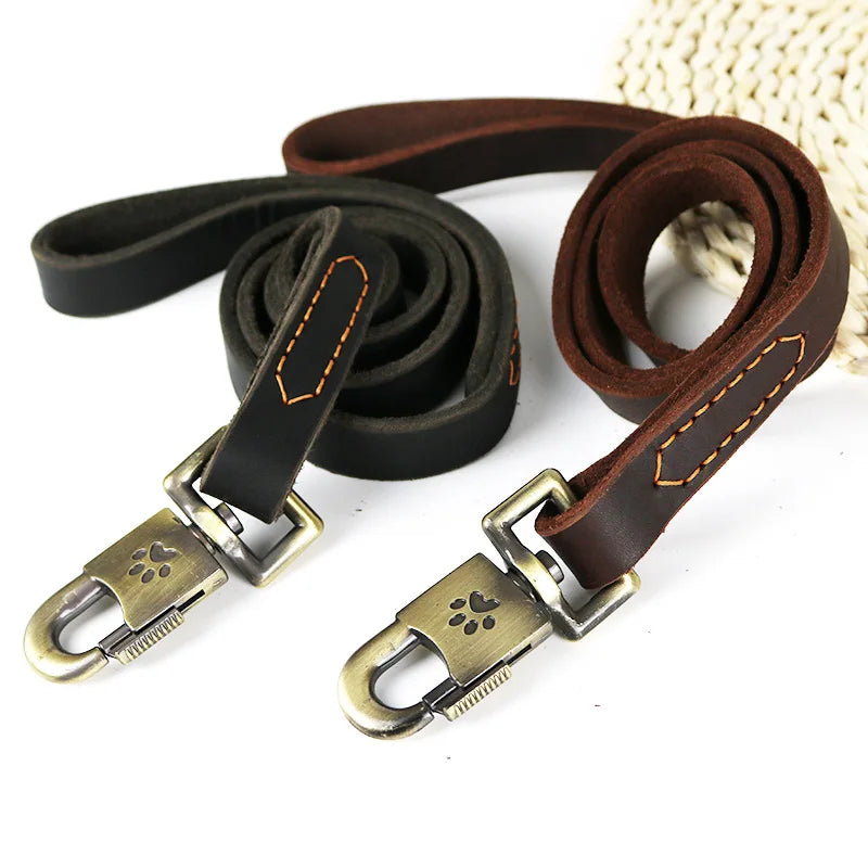 Genuine Leather Dog Leash Vintage Anti-Tangle Lockable Snap Hook Walking Lead Comfort Padded Handle Dog Rope For Medium Dog