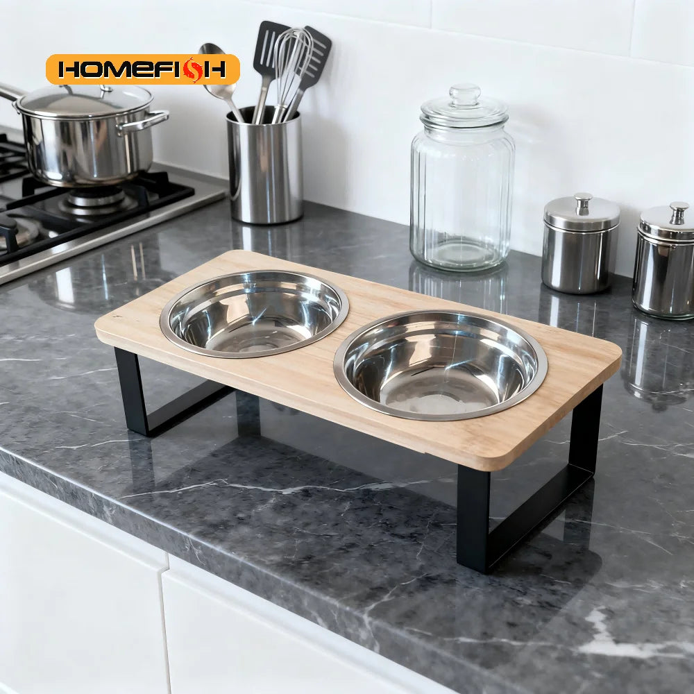 Elevated Cat Bowl Pet Feeder 15° Tilted Raised Cat Food Bowl with Wooden Base Includes 2 Stainless Steel Bowls Suitable for Cats