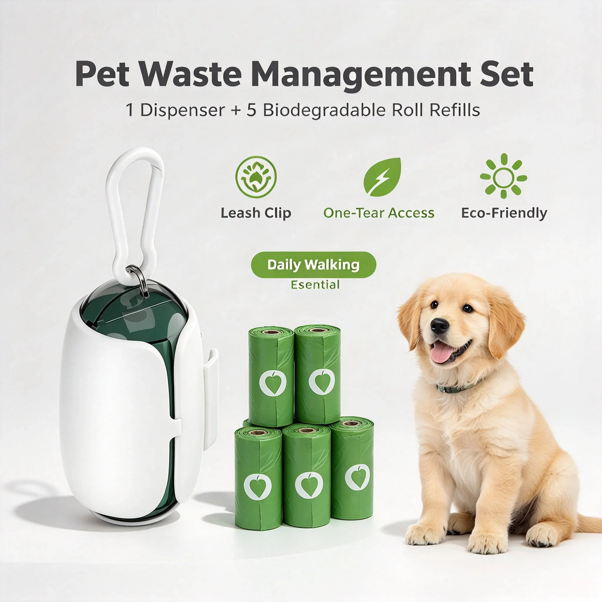 Dog Poop Bags Value Pack, 5 Rolls + 1 Dispenser with Leash Clip, Biodegradable Eco-Friendly Pet Waste Bags, No Wobbling