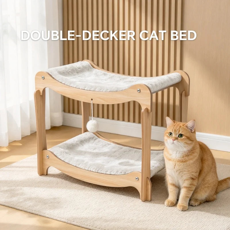 Christmas 2-Tier Wooden Cat Bed with Plush Pad, Ergonomic Curved Cat Lounge Chair, Holiday Pet Sofa Gift