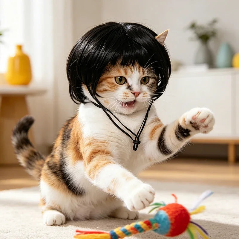 Dog Cat Clown Wig, Funny Pet Cosplay Wig with Adjustable Straps, Synthetic Short Bob Hairpiece for Halloween Party