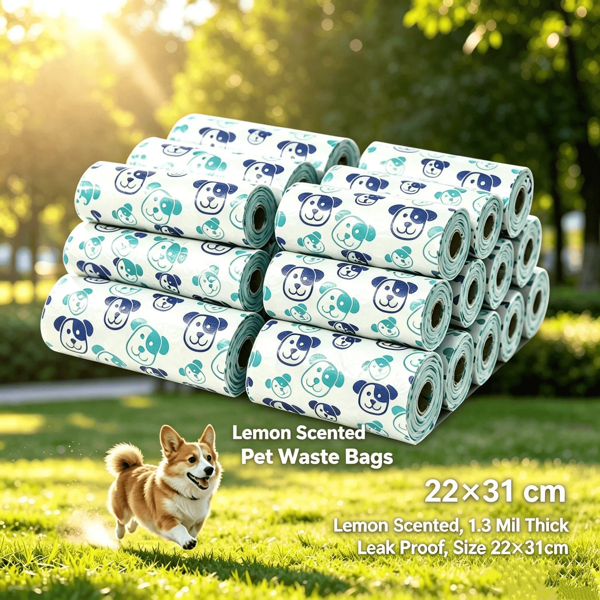 Fresh Lemon Scent Dog Poop Bags 1.25Mil Tear Resistant Waste Bags Cartoon Dog Print Disposable Pickup Bags for Outdoor Dog Walks