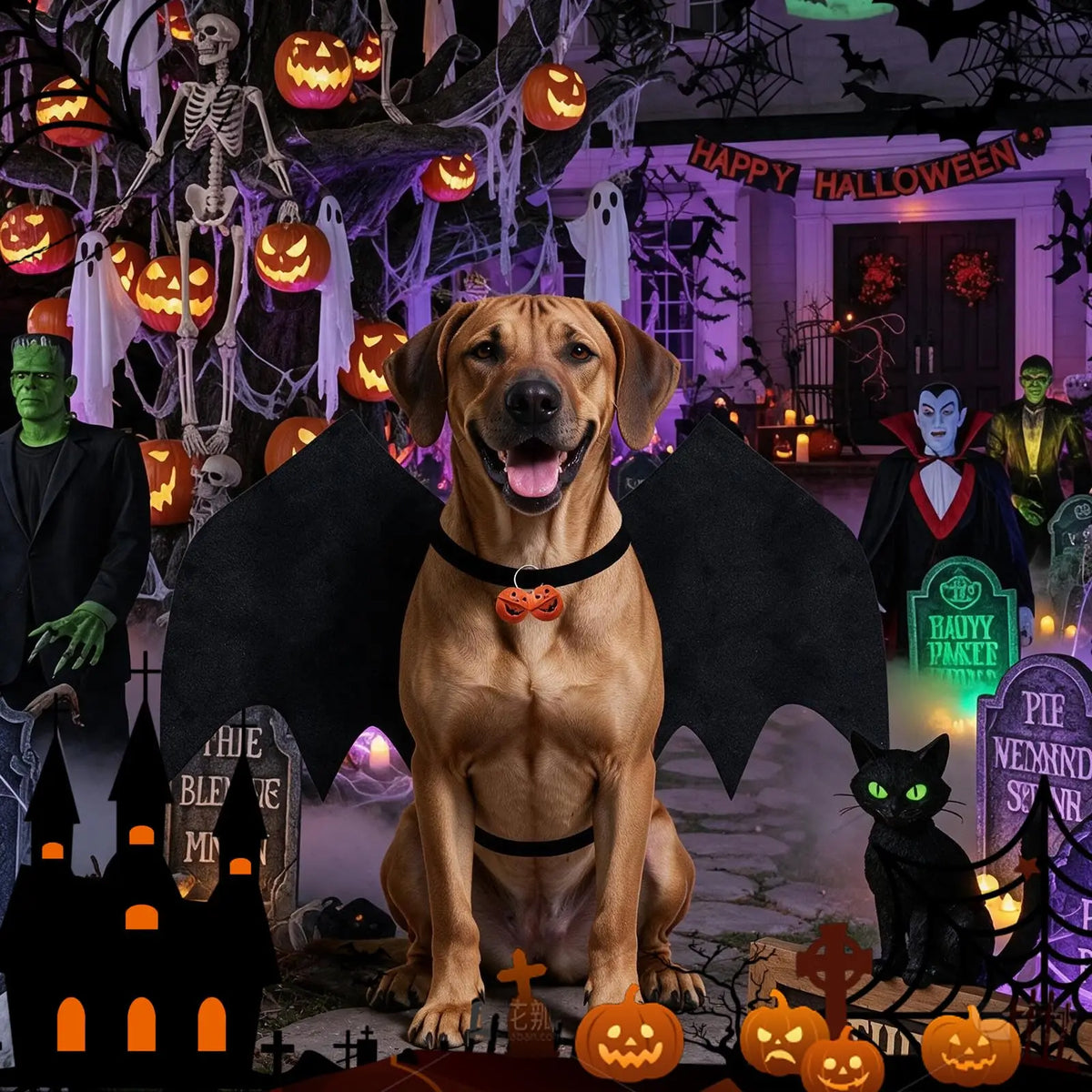 Halloween Dog bat Wing Costumes L，pet Costumes for Halloween Party Skeleton Print On The Back，Pumpkin Bell，Neck & Chest Adjustable nylon Straps，Lightweight Felt Comfort,for large dogs