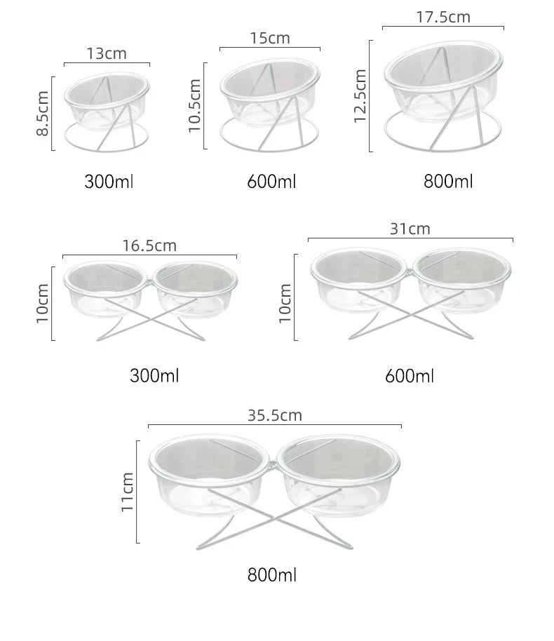 Cat Glass Food Water Bowl Elevated Small Dog Double Drinking Eating Bowls Pet Transparent Feeding Basin with Stand