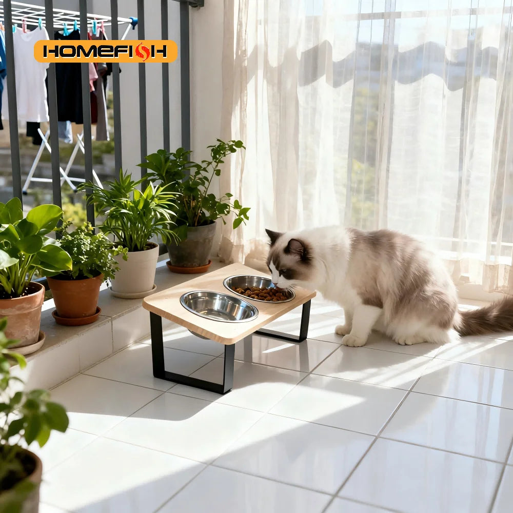 Elevated Cat Bowl Pet Feeder 15° Tilted Raised Cat Food Bowl with Wooden Base Includes 2 Stainless Steel Bowls Suitable for Cats