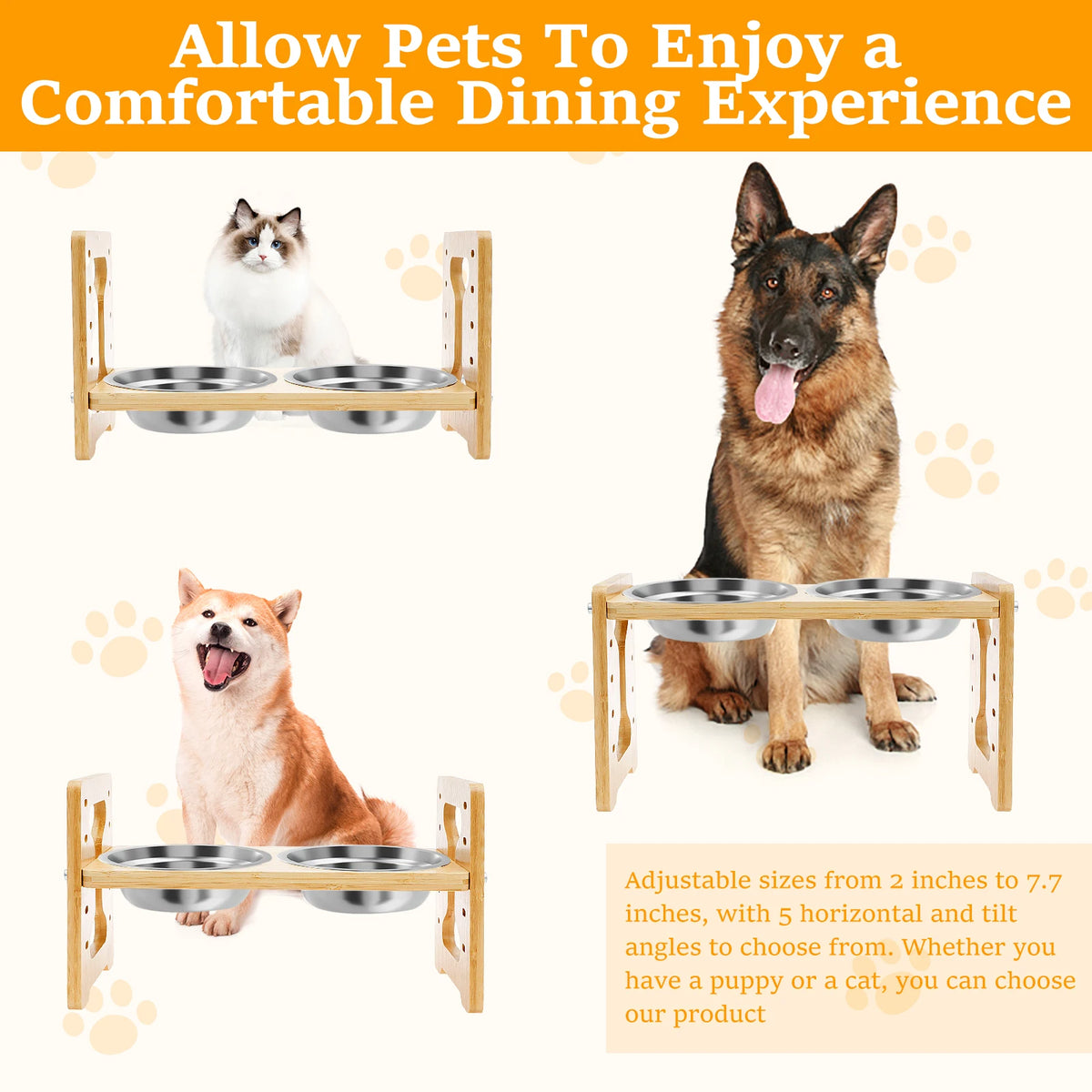 Wooden Elevated Cat Dog feeder Bowl Stand with 2 Stainless Steel Feeder bowl for Dry Wet Food Water Anti Slip Pet Supplies