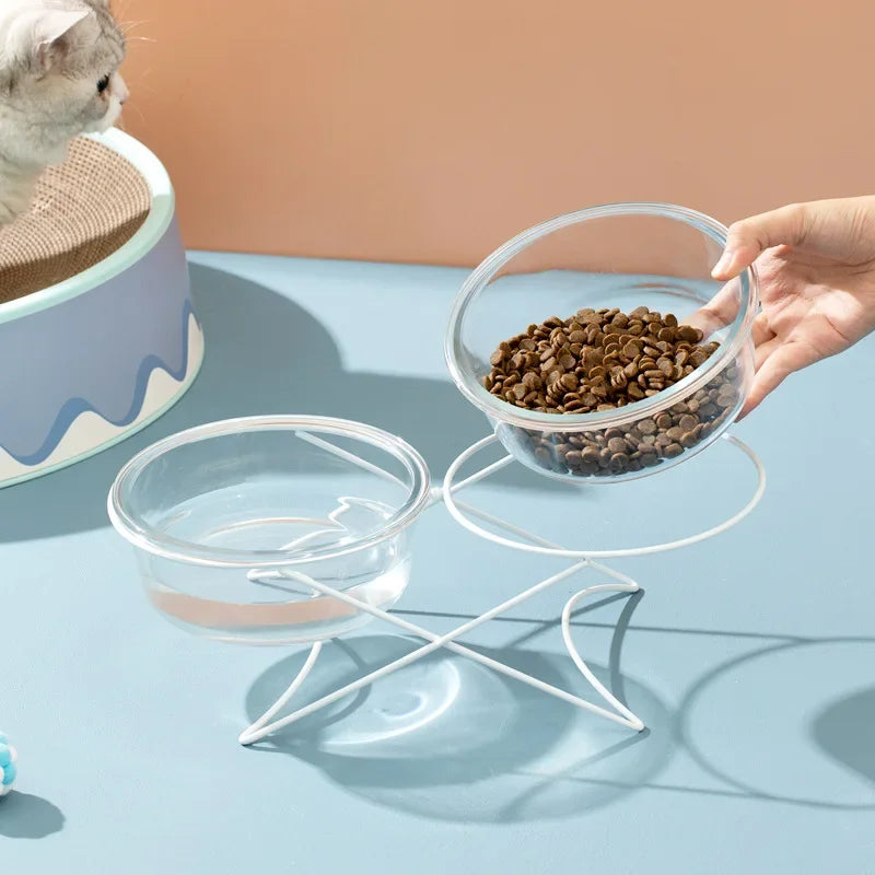 Cat Glass Food Water Bowl Elevated Small Dog Double Drinking Eating Bowls Pet Transparent Feeding Basin with Stand