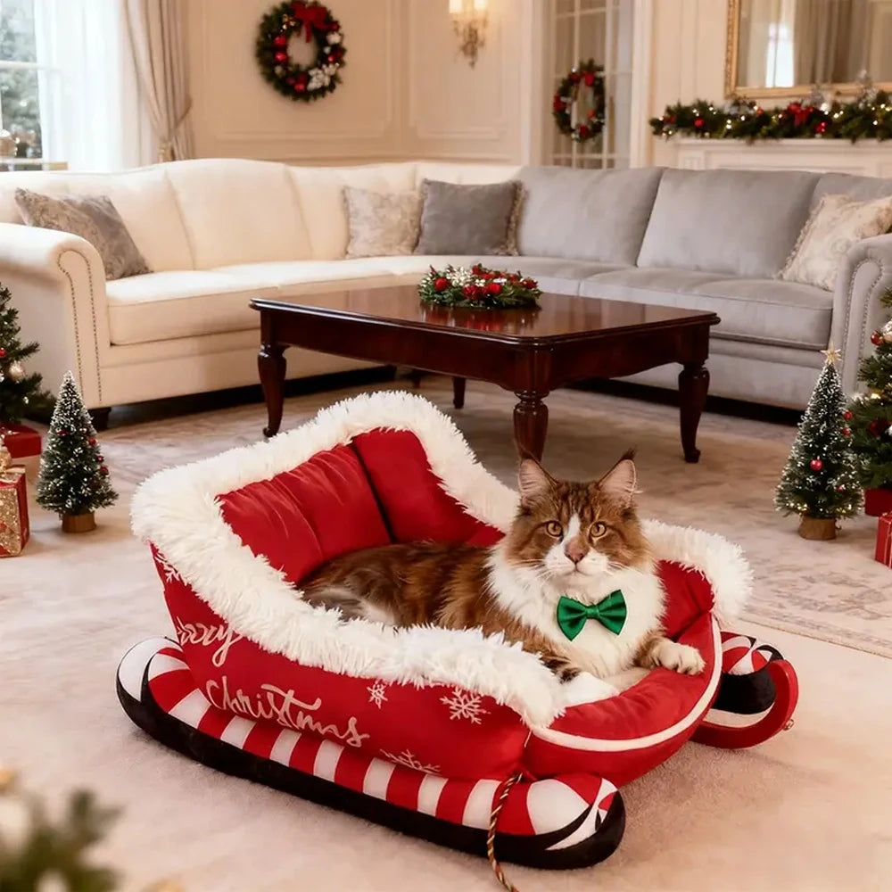 Christmas Sleigh Bed  Removable Washable Plush Pet Warm Sofa with Non-Slip Base Christmas Cat Dog Nest for Winter Indoor Outdoor